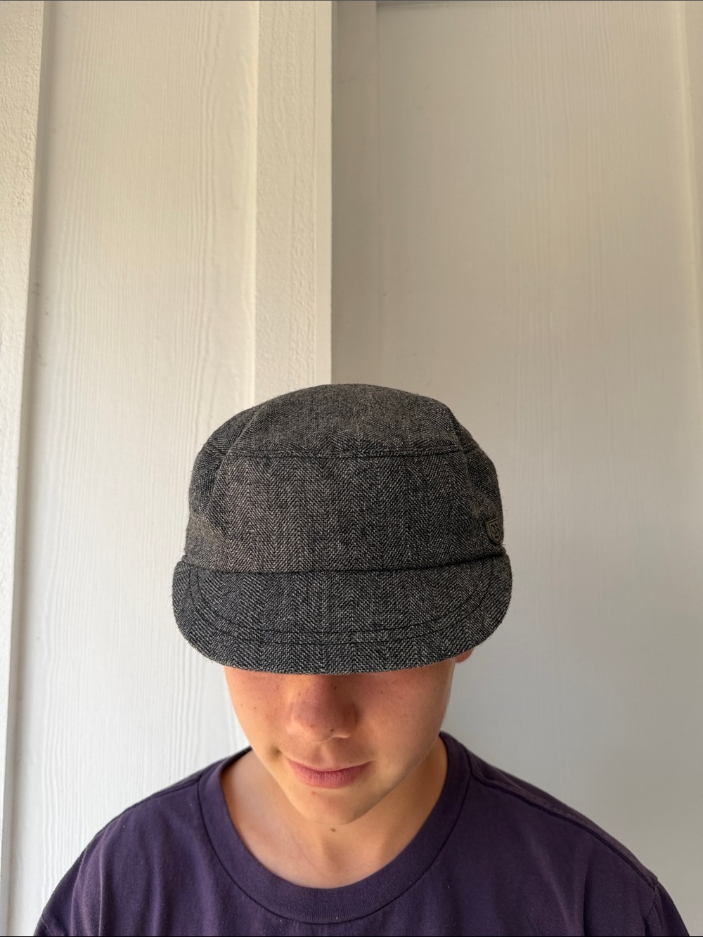 Brixton Gray Herringbone Newsboy Cap with Burgundy Lining
